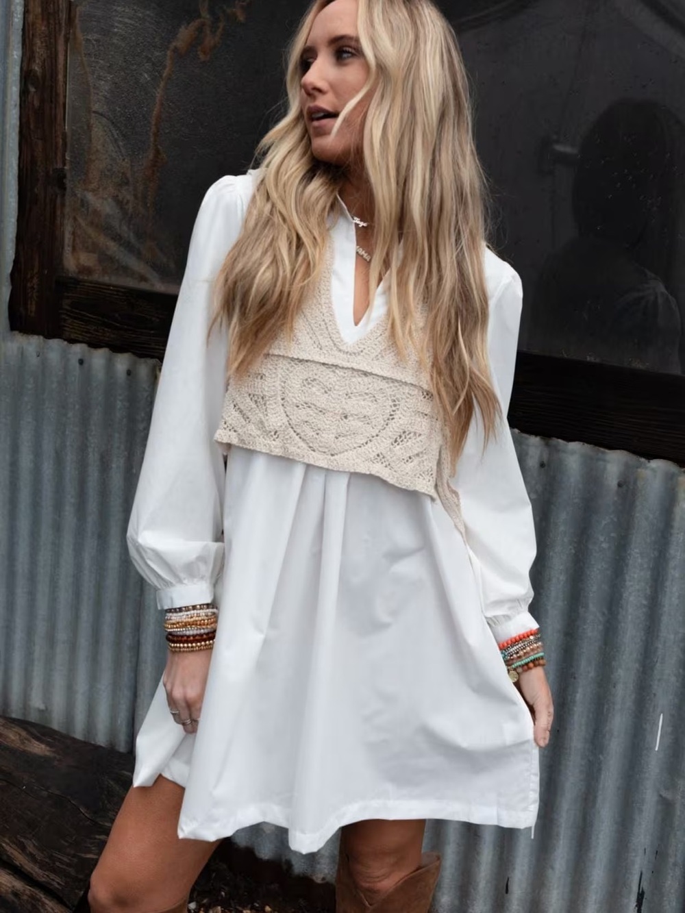 Zara White Puff Sleeve Tunic Dress with Cream Knit Vestlet
